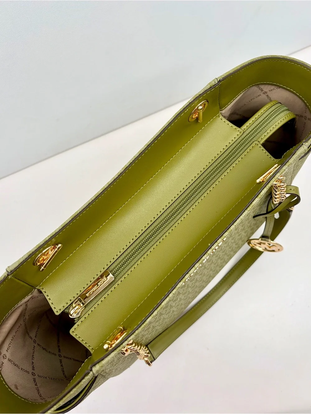 Michael Kors Olive Green MK Signature Chain Tote Shoulder Bag with Wallet Set